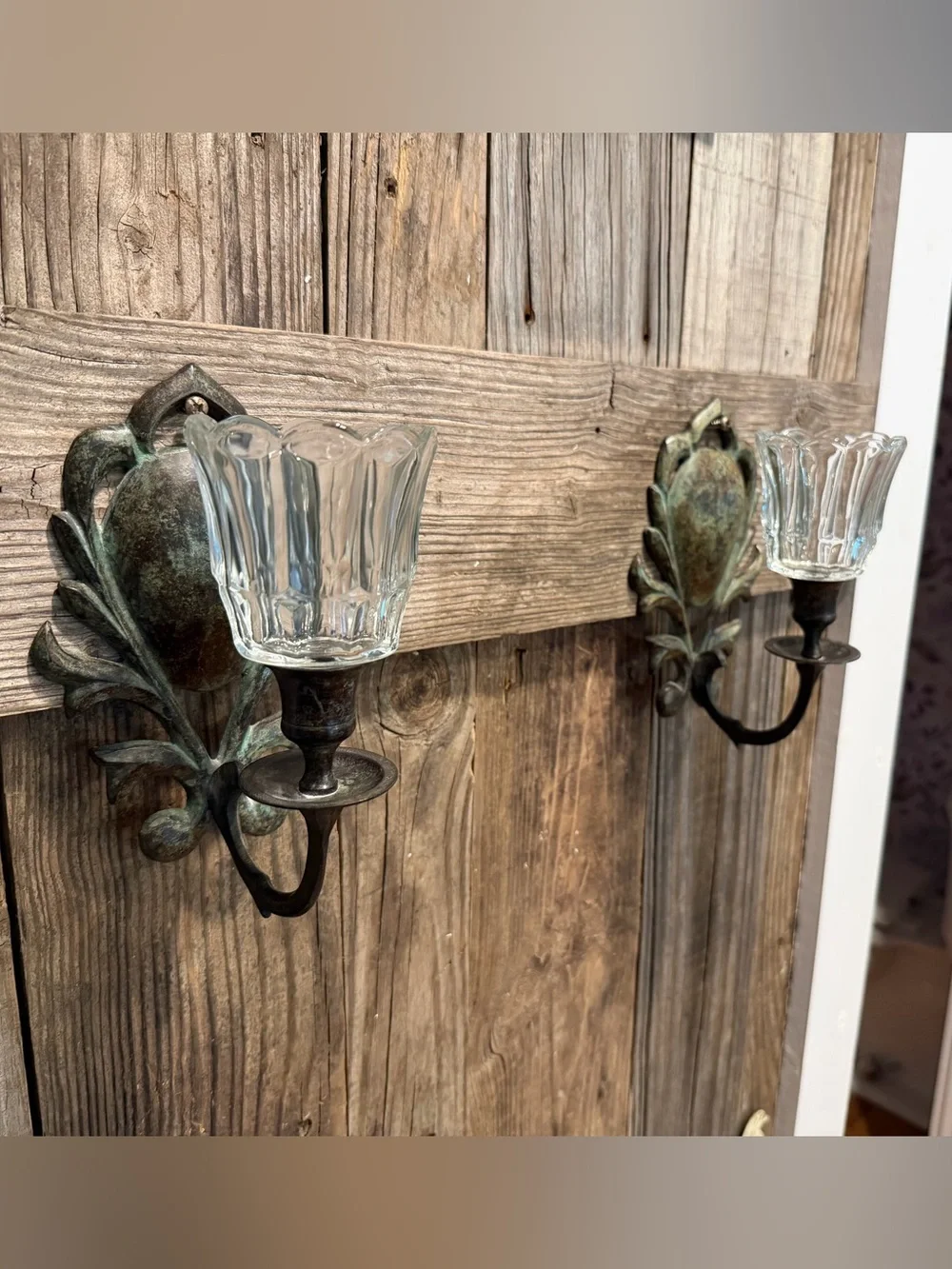 Vintage Farmhouse Green Patina Candle Wall Sconce Pair with Clear Glass Shades
